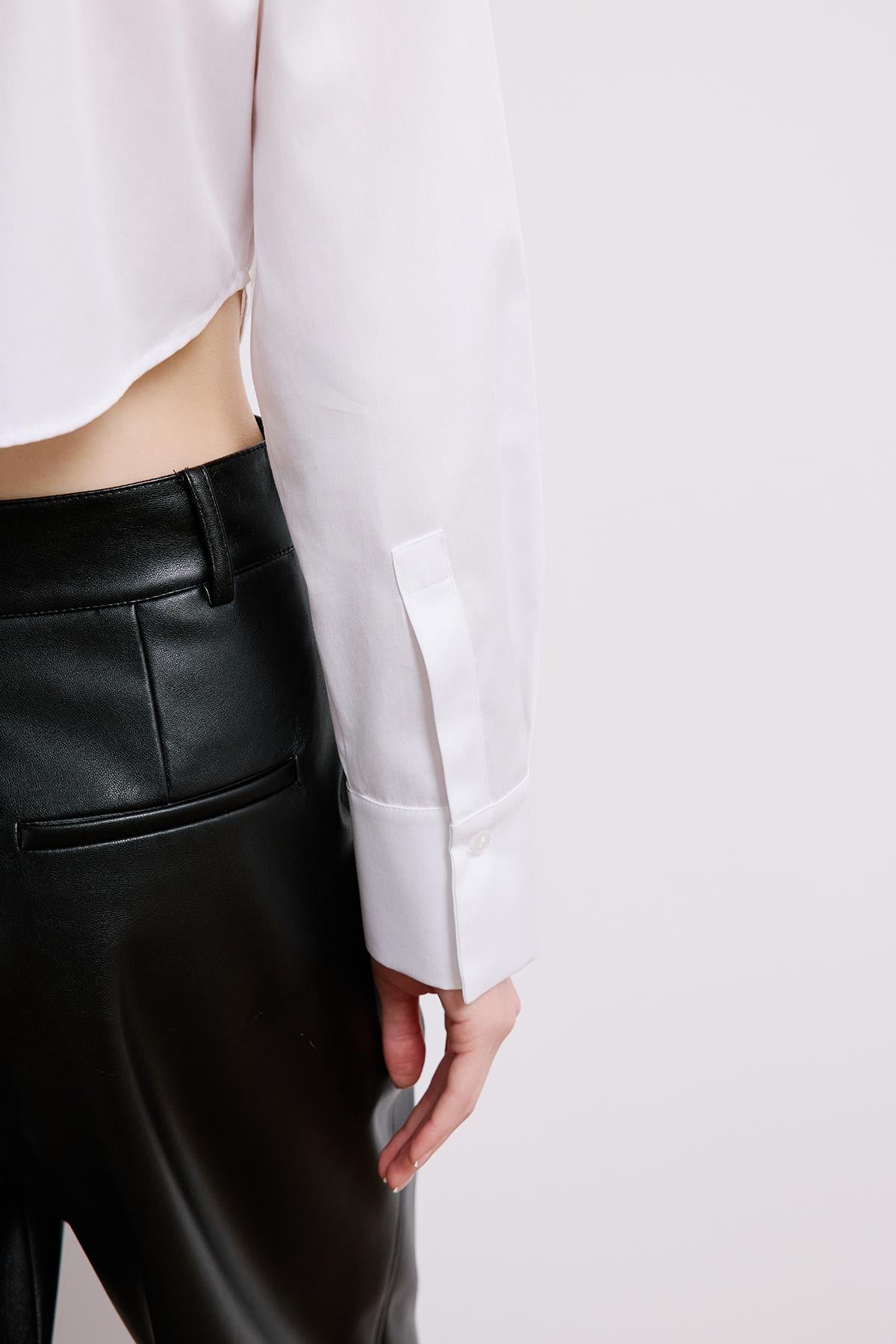 White Poplin Long Sleeve Shirt With Shoulder Pads