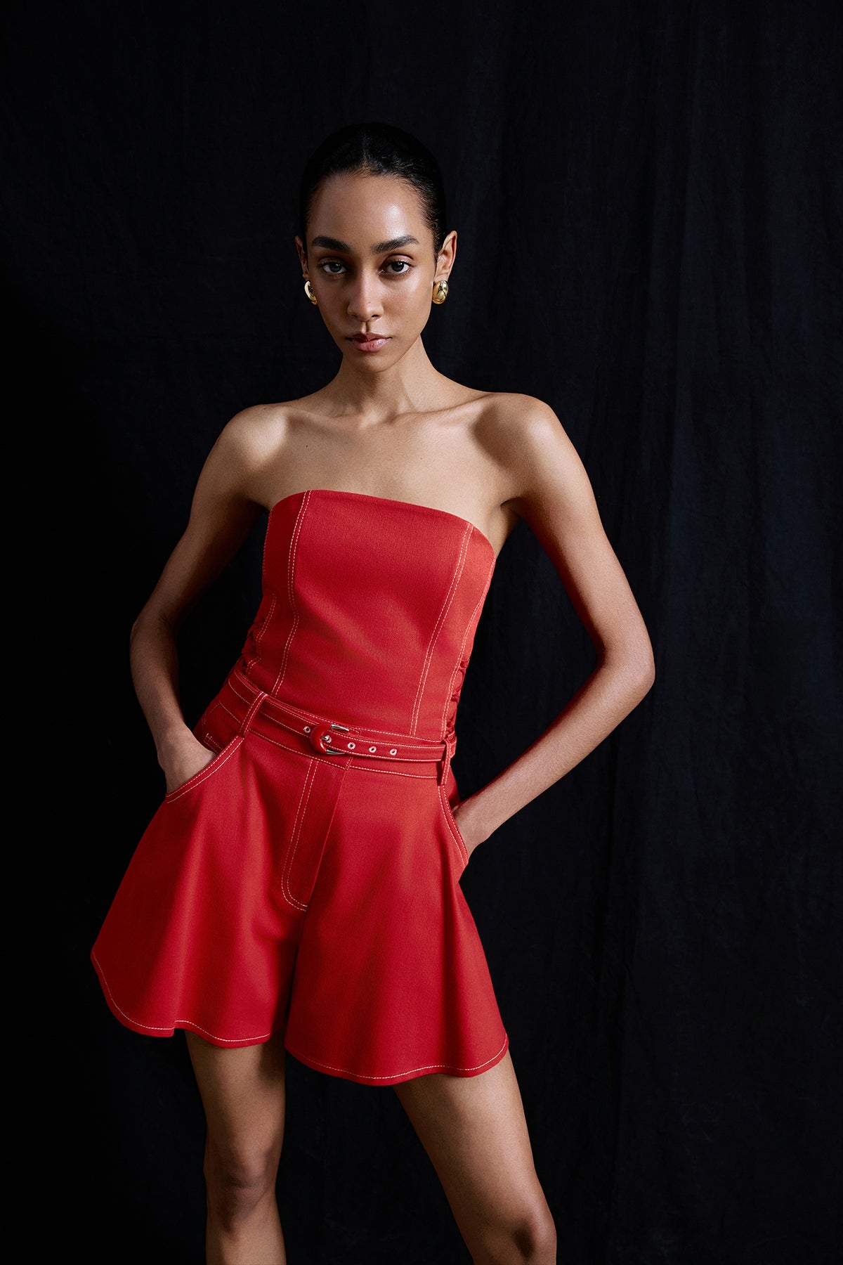 Wide Leg Belt Detailed Coral Mini Shorts