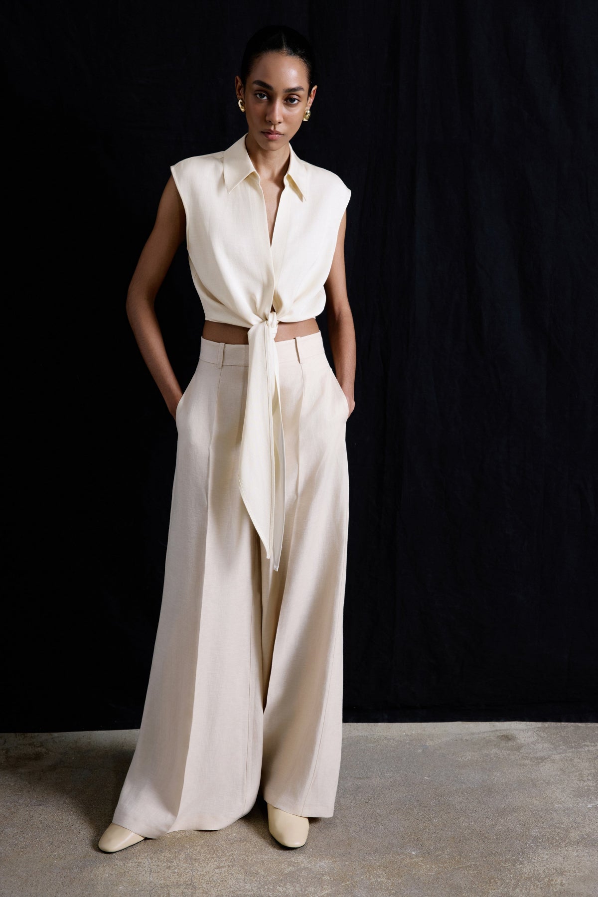 Beige Wide Leg Linen Blend Trousers