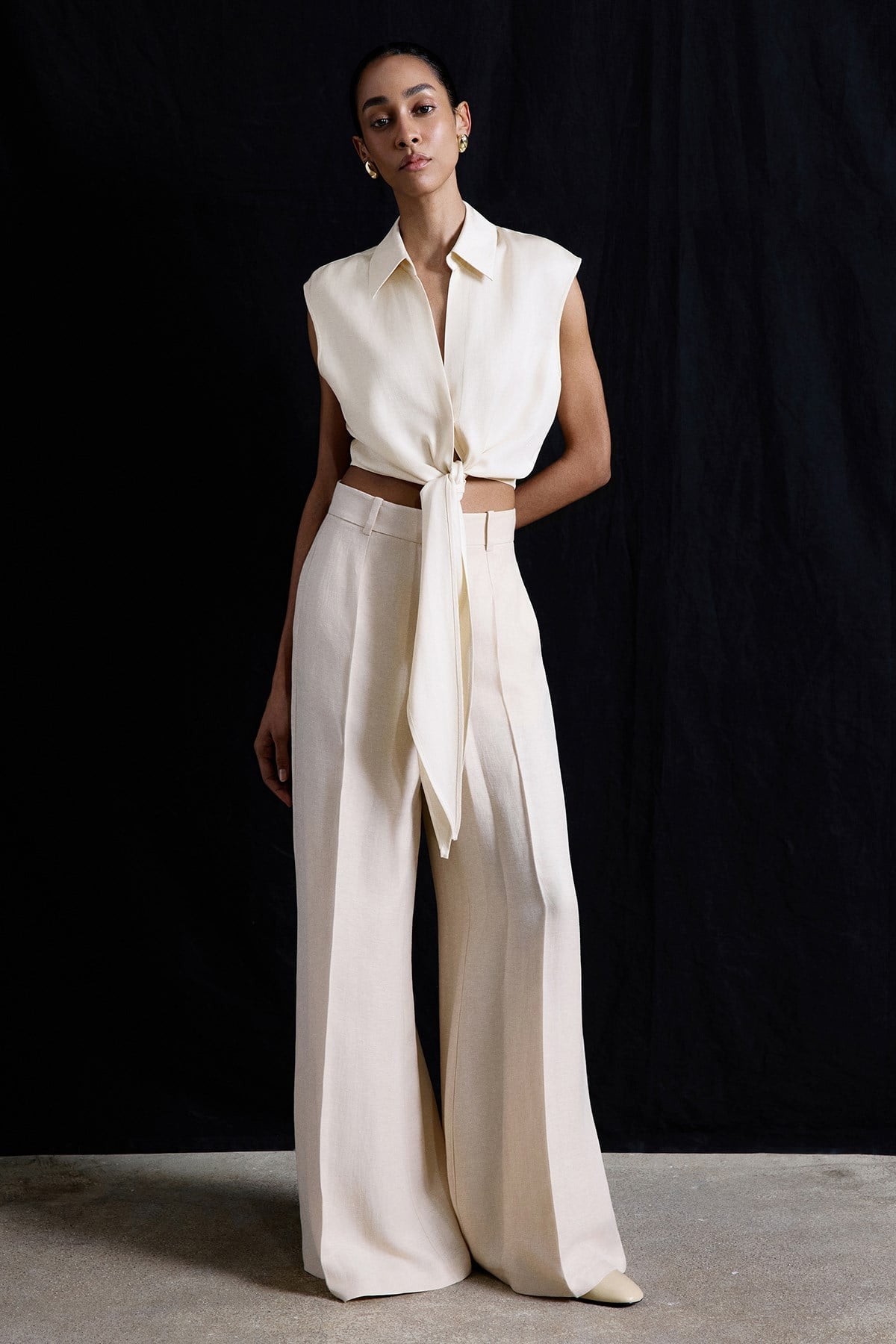 Beige Wide Leg Linen Blend Trousers