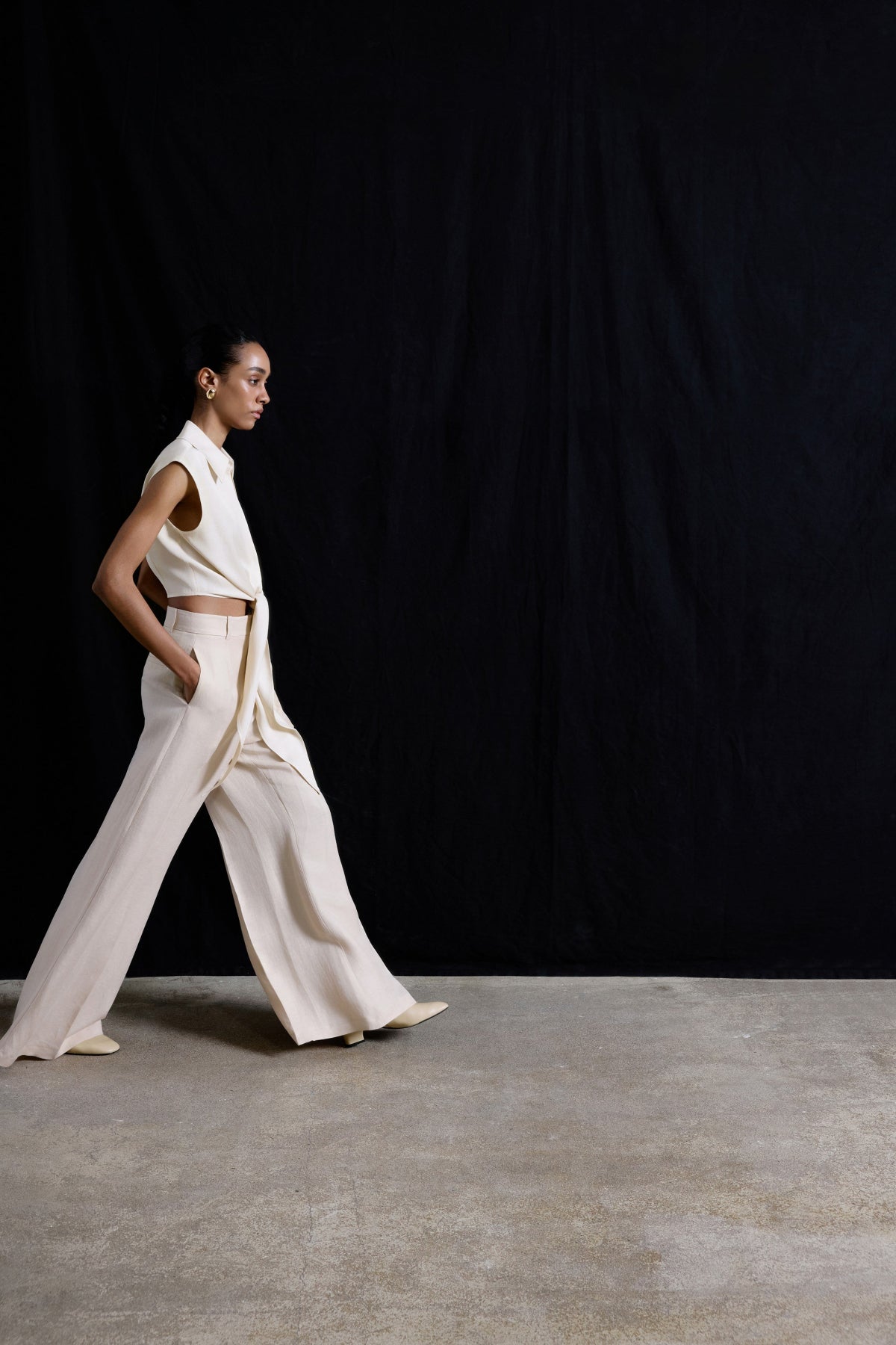 Beige Wide Leg Linen Blend Trousers