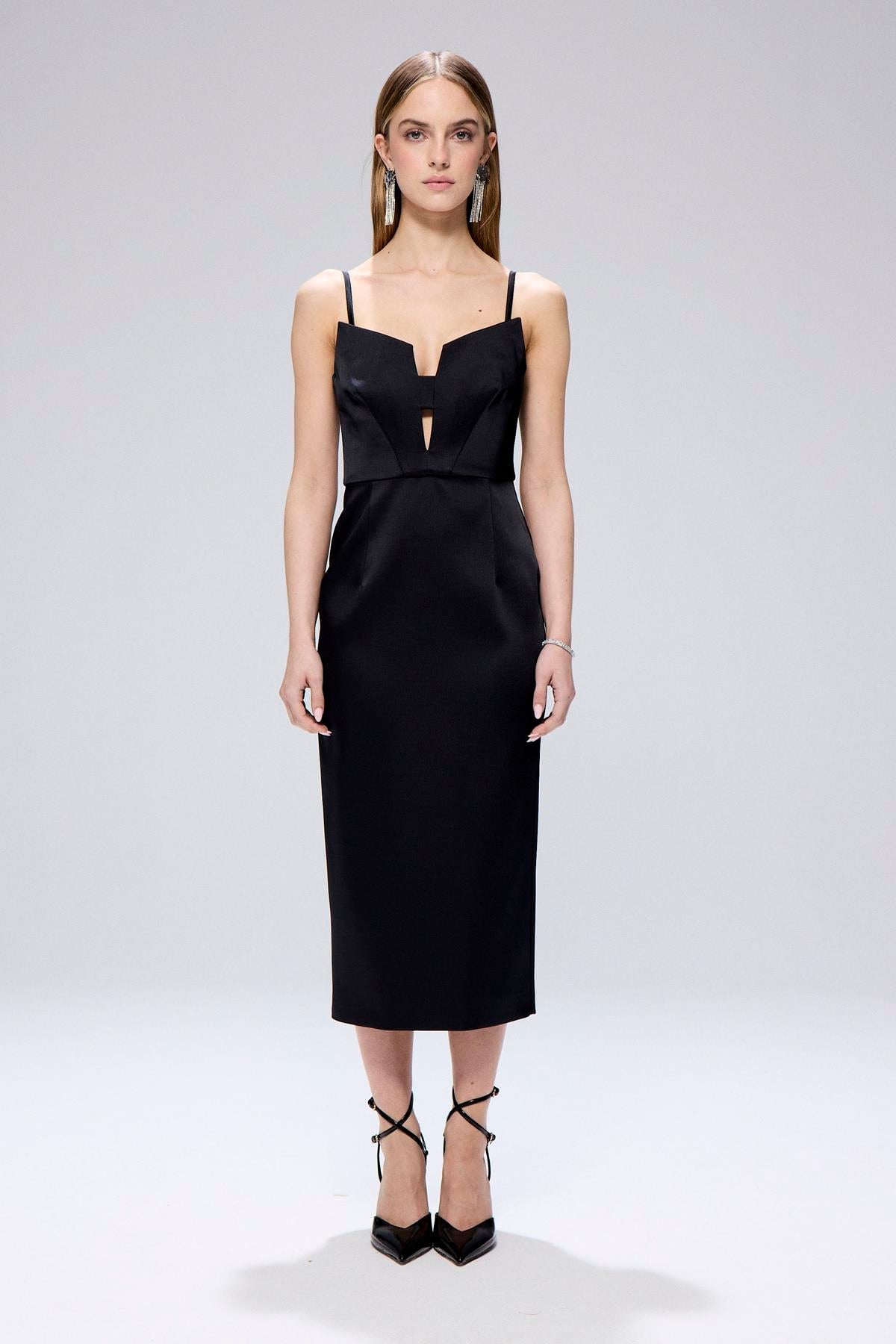 Wide Neck Detail Slit Midi Dress