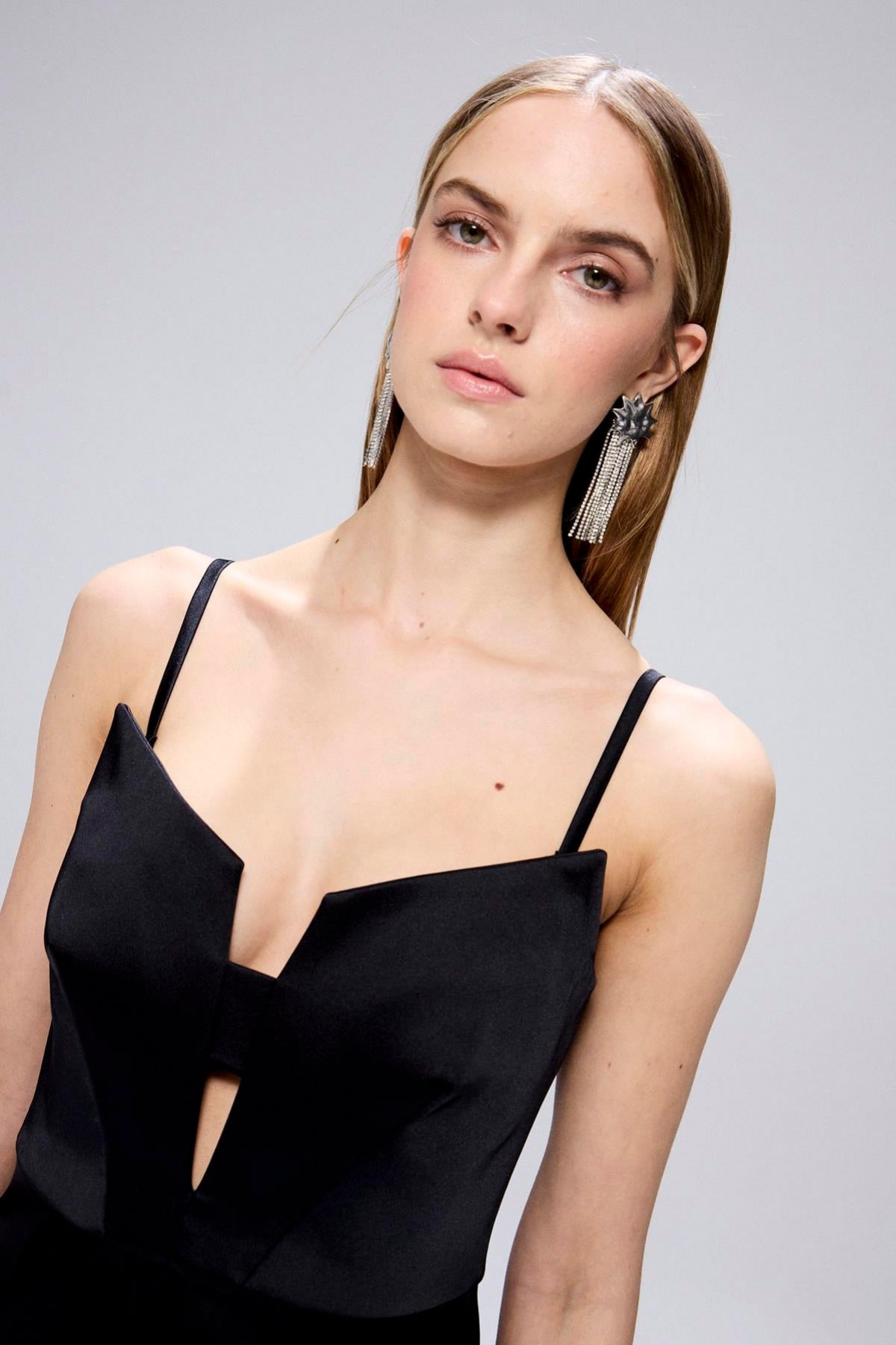 Wide Neck Detail Slit Midi Dress