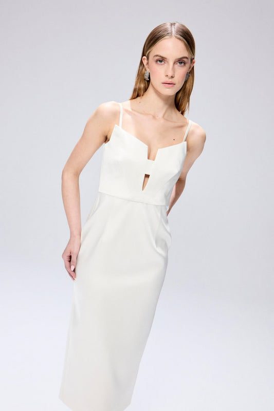 Wide Neck Detail Slit Midi Dress
