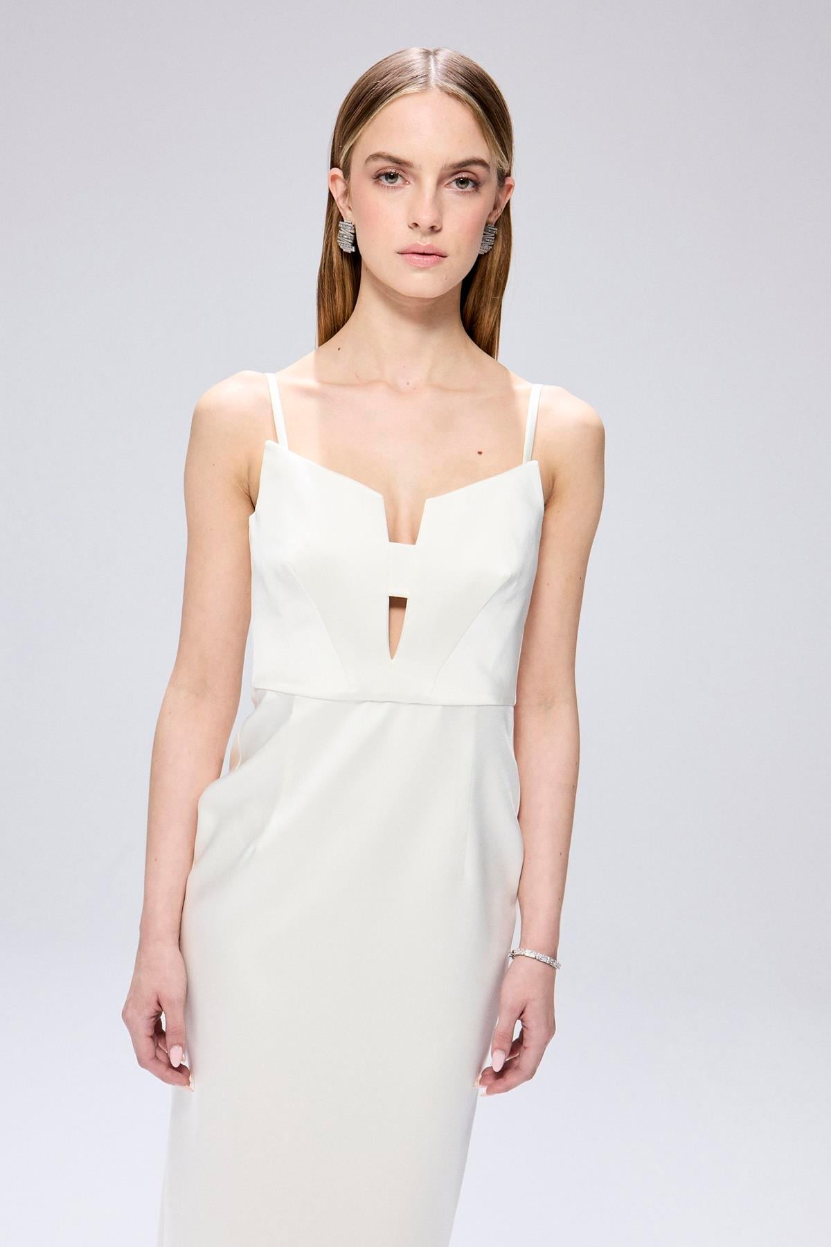 Wide Neck Detail Slit Midi Dress