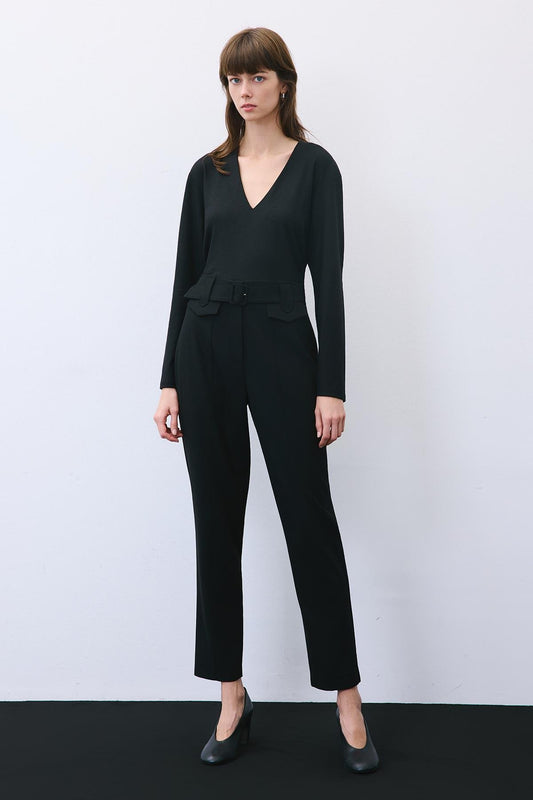 Wool-Blend Belted Pants with Stitch Details