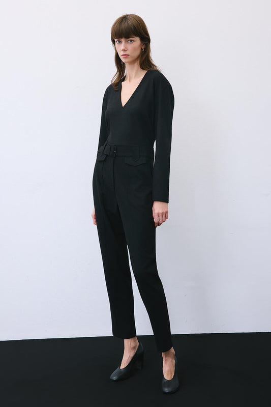 Wool-Blend Belted Pants with Stitch Details