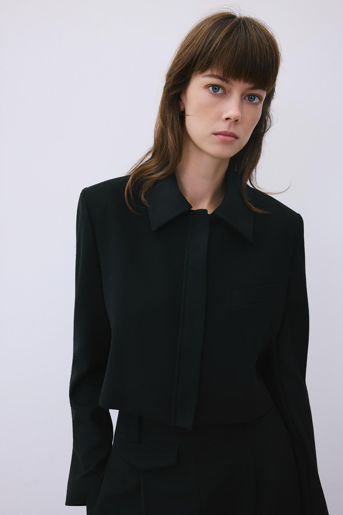 Beige Wool-Blend Zip-Up Crop Jacket