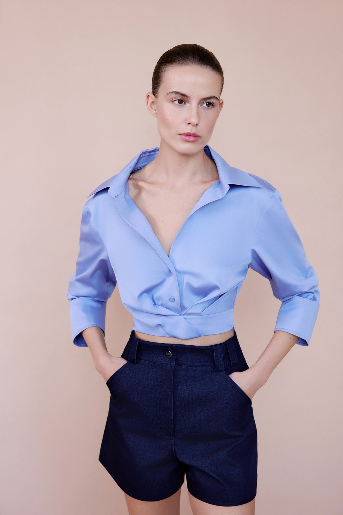 Wrap Collar Poplin Crop Shirt