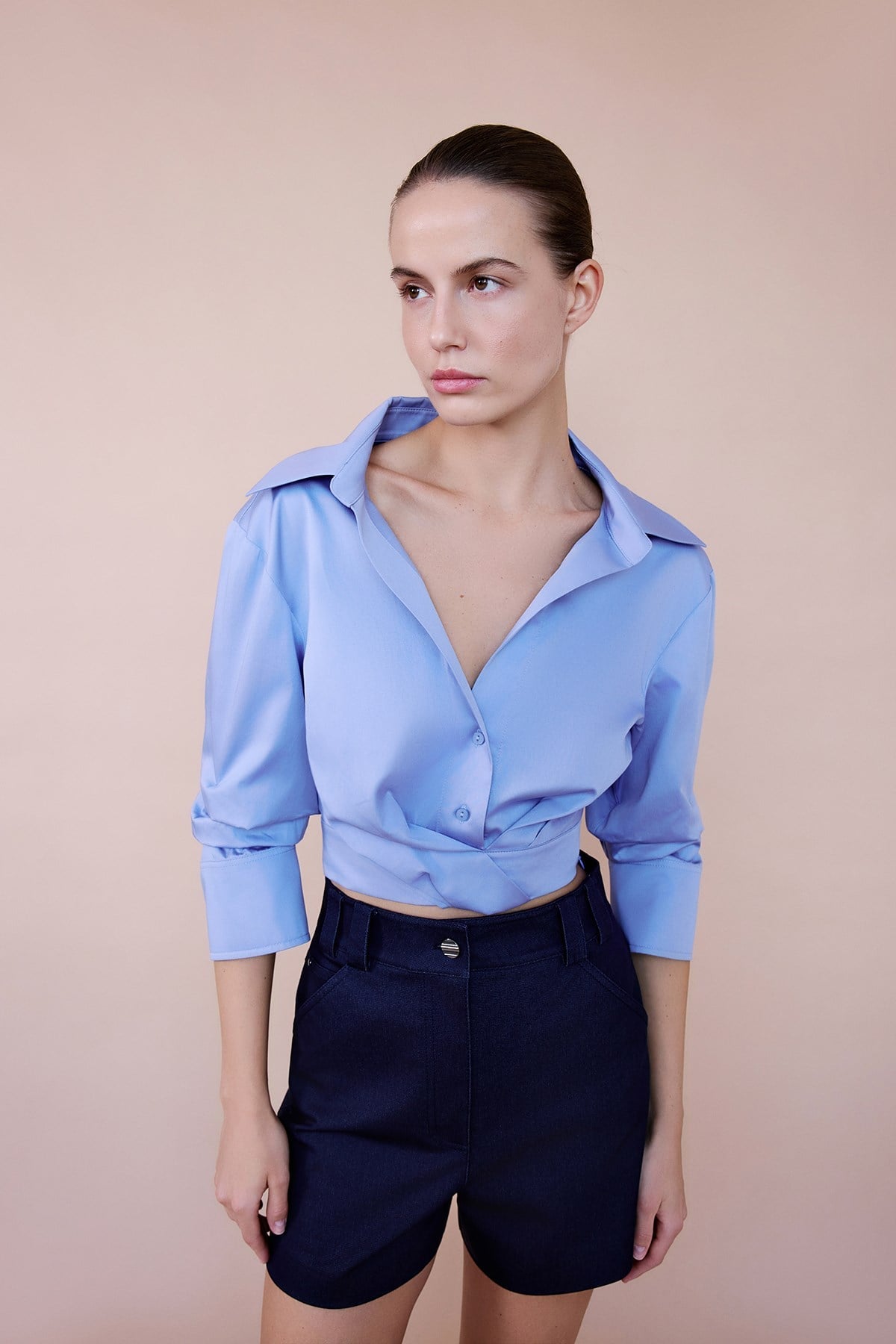 Wrap Collar Poplin Crop Shirt