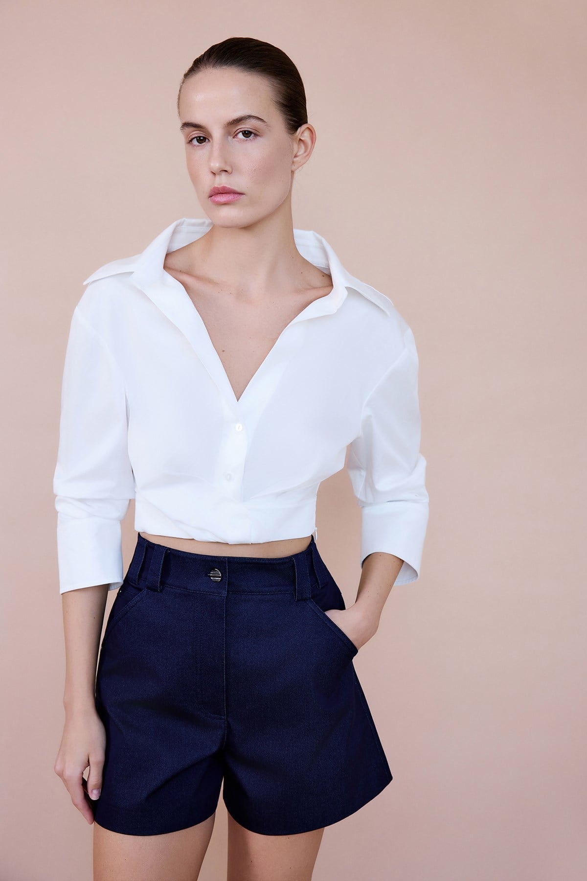Wrap Collar Poplin Crop Shirt