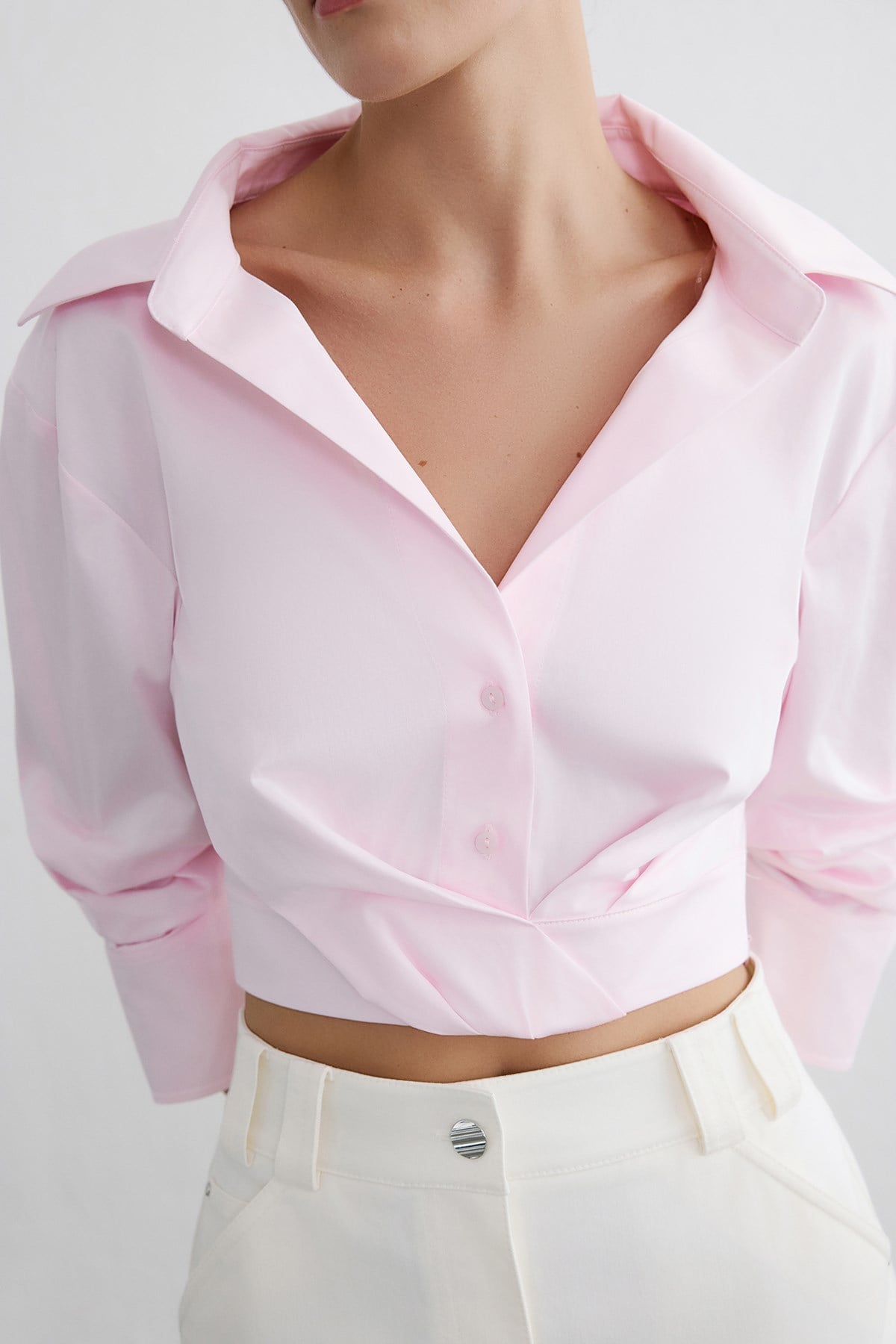Wrap Collar Poplin Crop Shirt