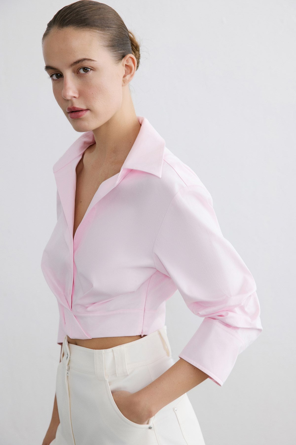 Wrap Collar Poplin Crop Shirt