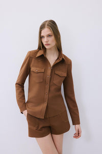 Brown Suede Shirt With Contrast Stitch