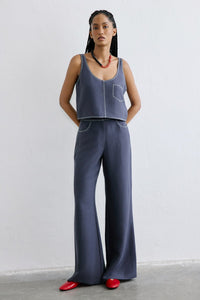 Indigo Linen Blend High Waist  Trousers
