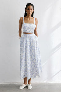 Blue Flared Midi  Skirt