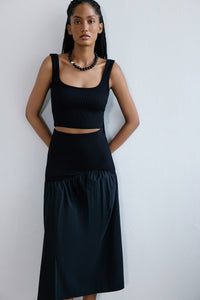 Black High Waist Ruched Midi  Skirt