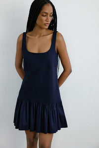 Navy Square Neck Ruffled Poplin Mini  Dress
