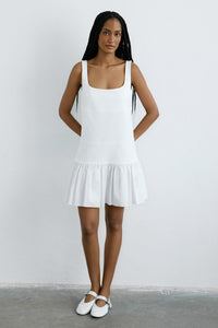 White Square Neck Ruffled Poplin Mini  Dress
