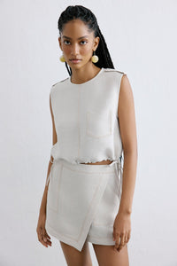 Beige Linen Contrast Stitching Cropped  Blouse