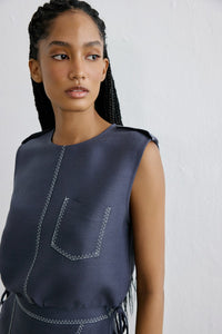 Indigo Linen Contrast Stitching Cropped Blouse