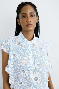 Blue Shirt Collar Ruffled Cropped  Shirt