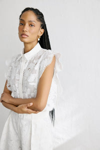 White Shirt Collar Ruffled Cropped  Shirt