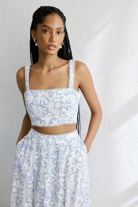 Blue Jacquard Square Neck Crop  Bustier