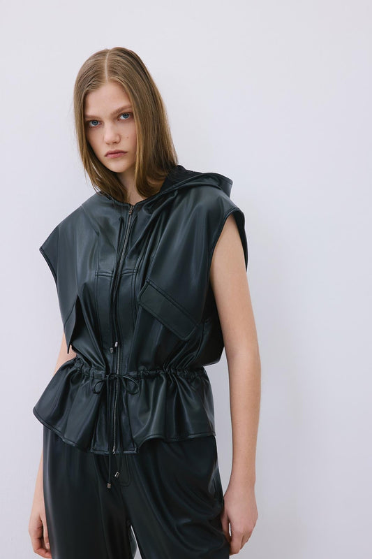 Adjustable Faux Leather Hooded Vest
