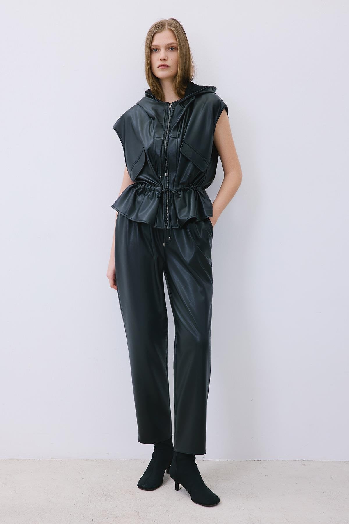 Adjustable Faux Leather Hooded Vest