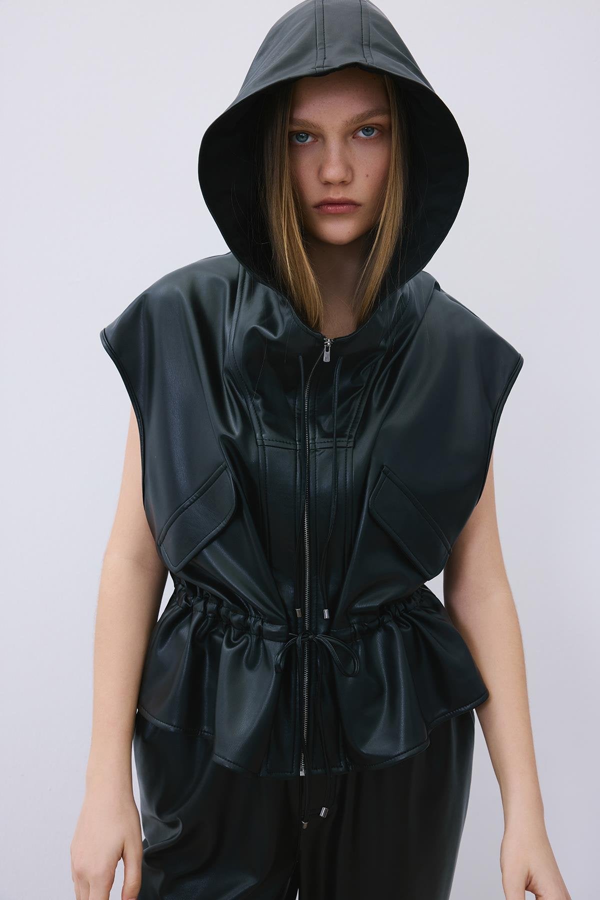 Adjustable Faux Leather Hooded Vest