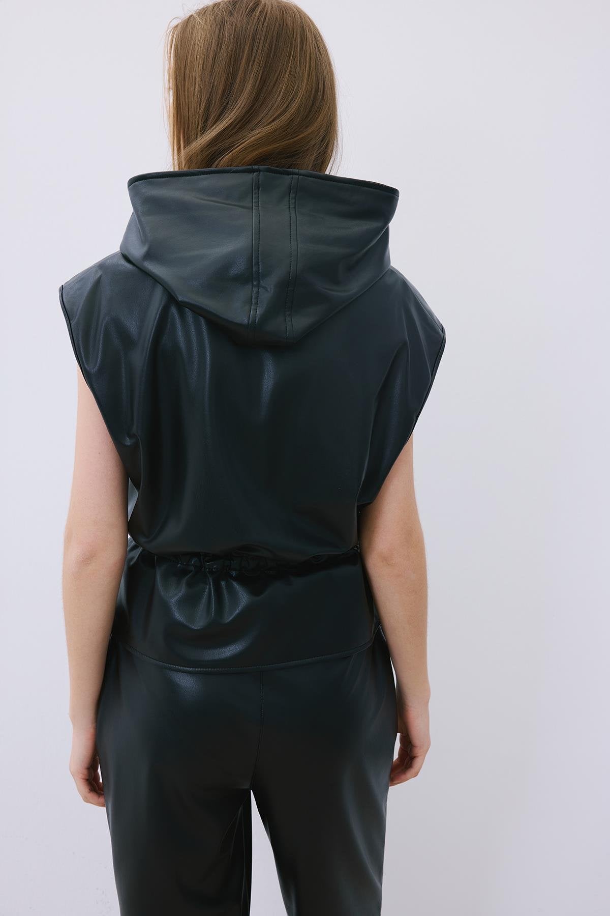 Adjustable Faux Leather Hooded Vest