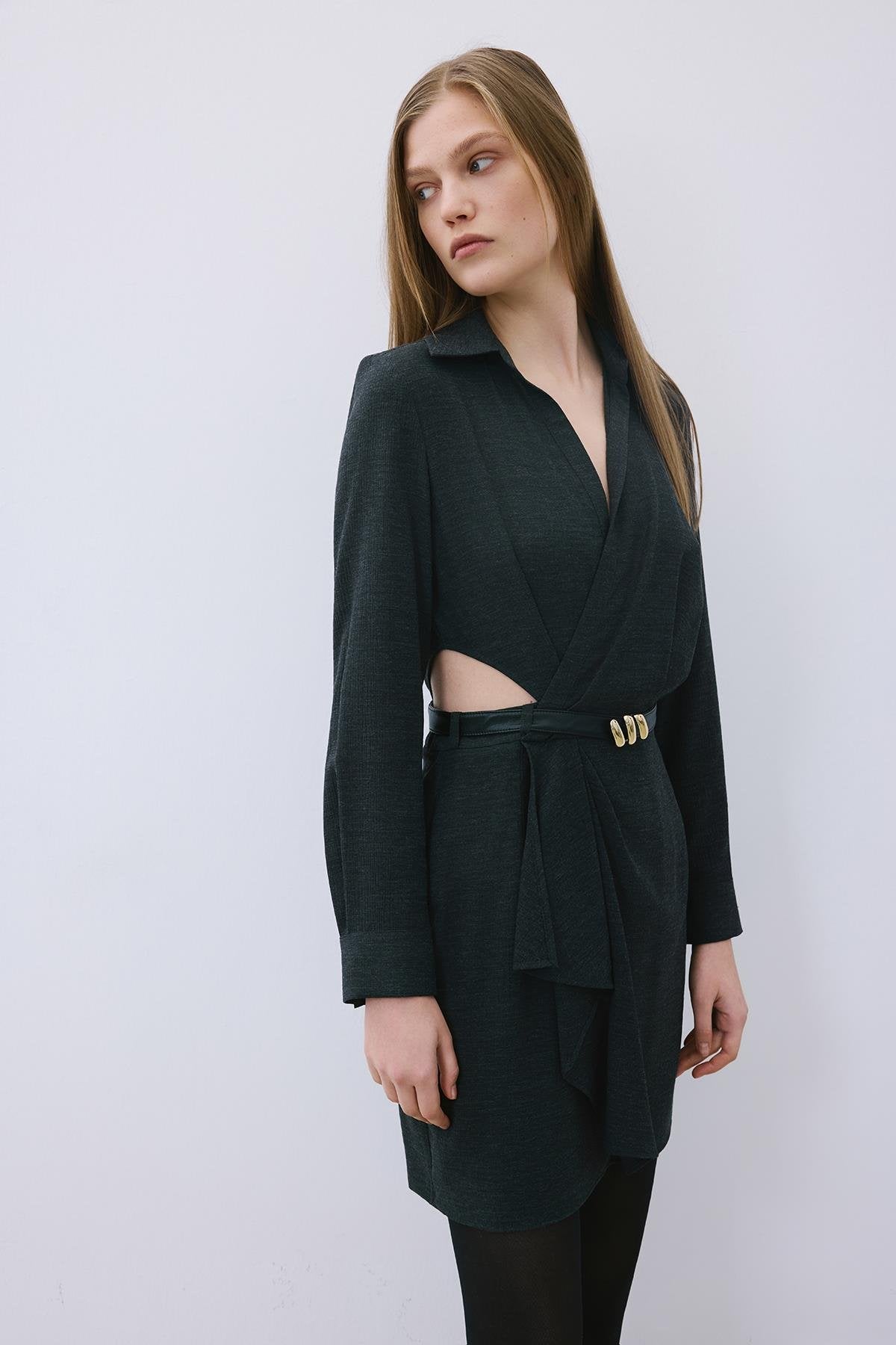 Anthracite Mini Wrap Dress with Gold Belt Detail