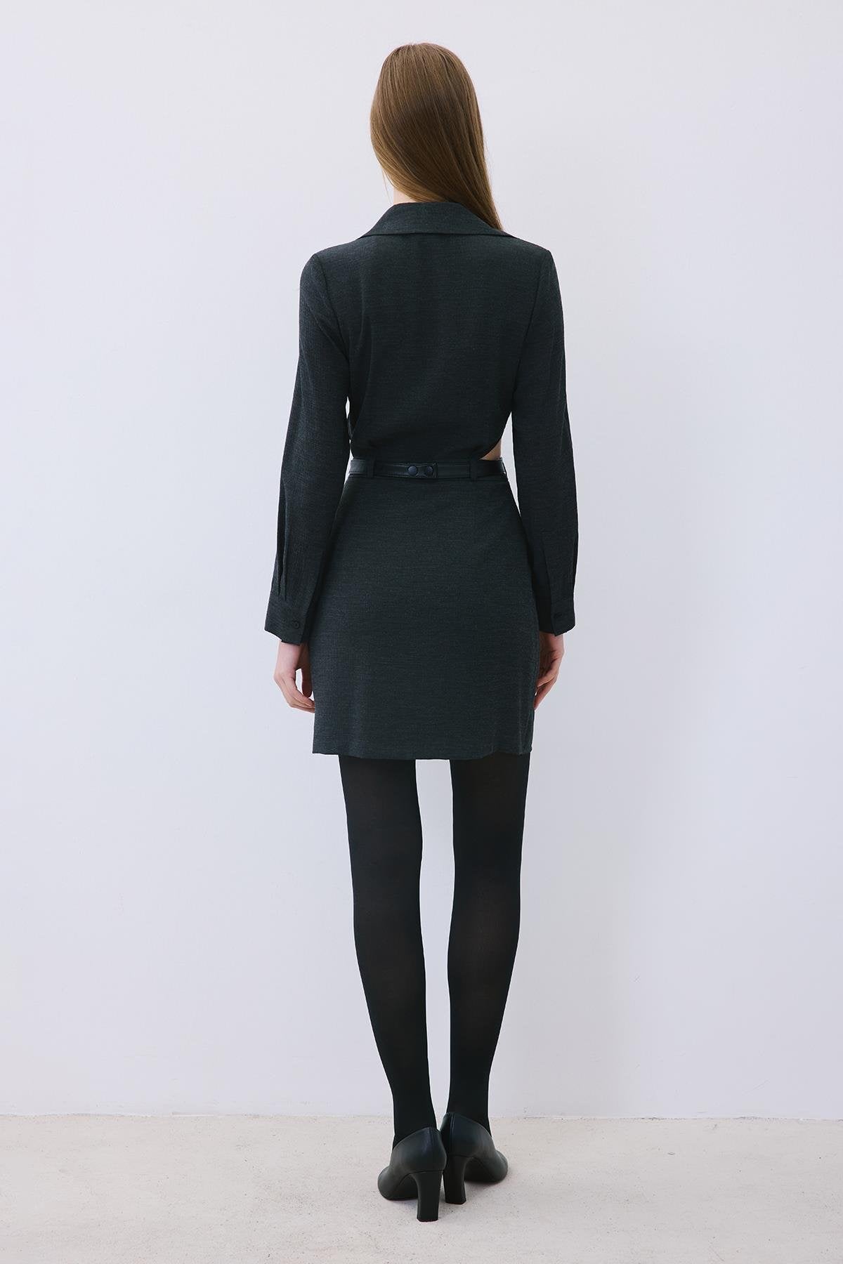 Anthracite Mini Wrap Dress with Gold Belt Detail