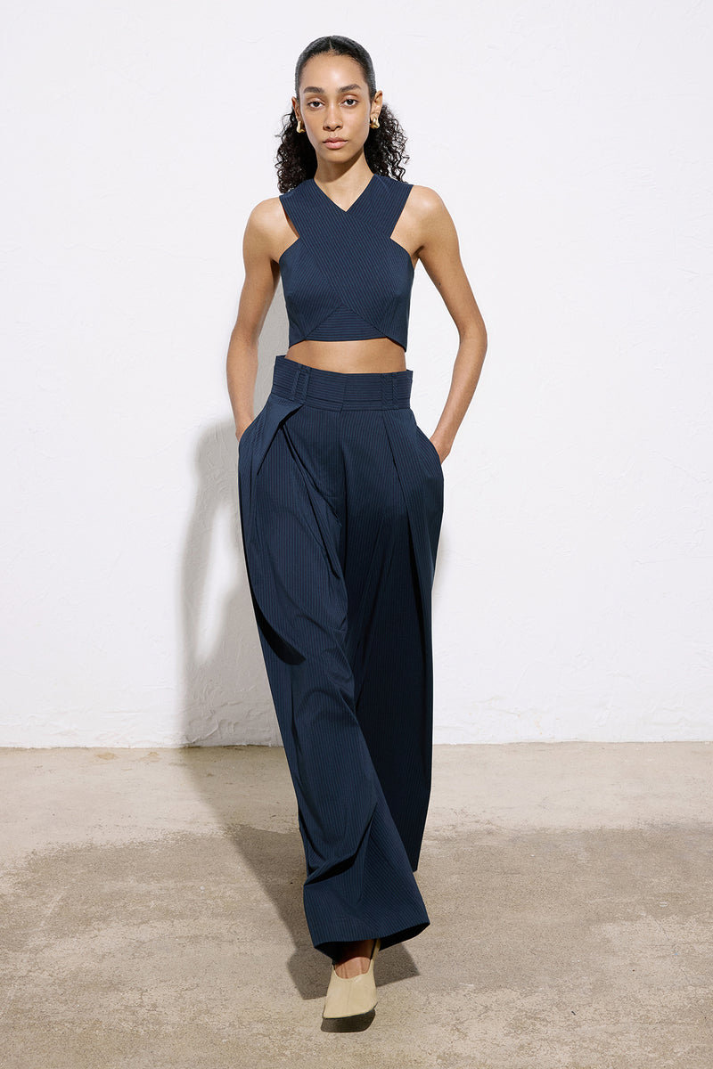 Asymmetric Detailed Striped Crop  Blue Bustier