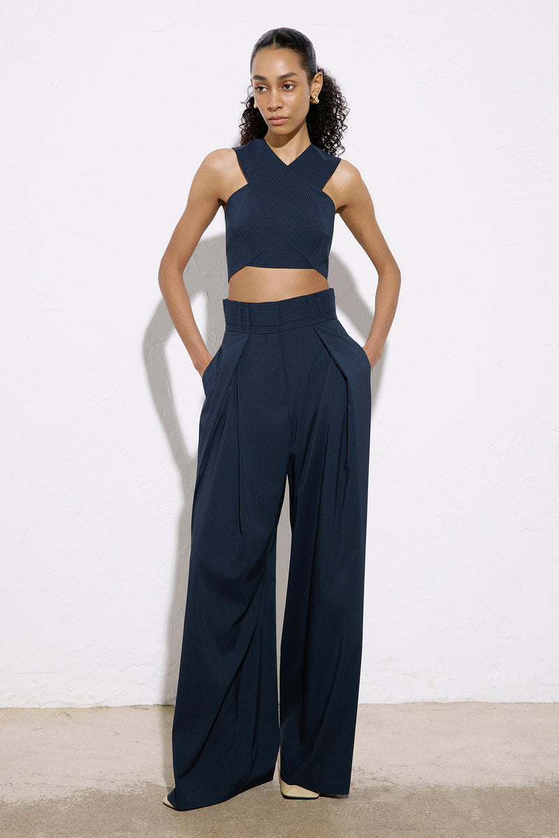 Asymmetric Detailed Striped Crop  Blue Bustier