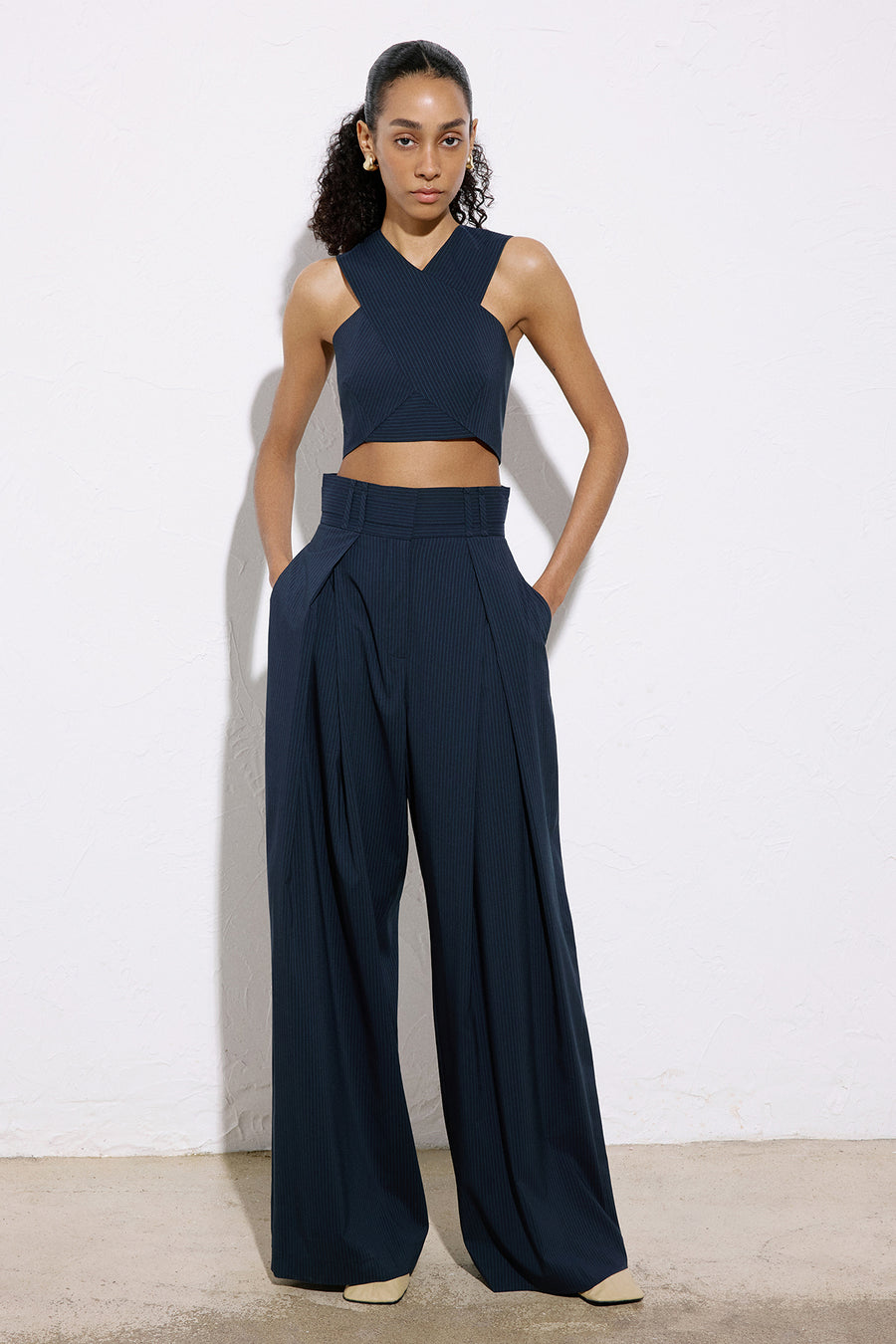 Asymmetric Detailed Striped Crop  Blue Bustier