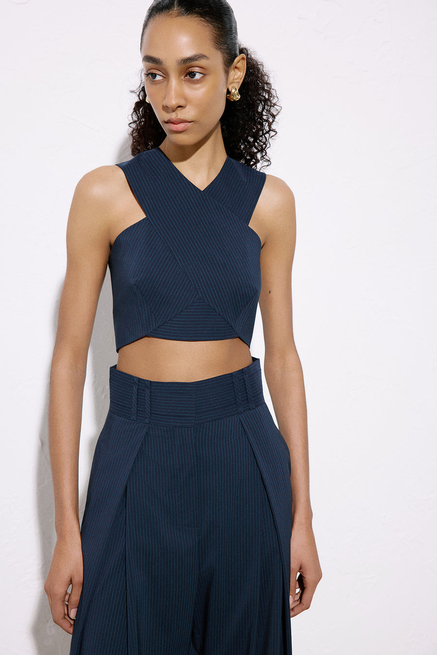 Asymmetric Detailed Striped Crop  Blue Bustier