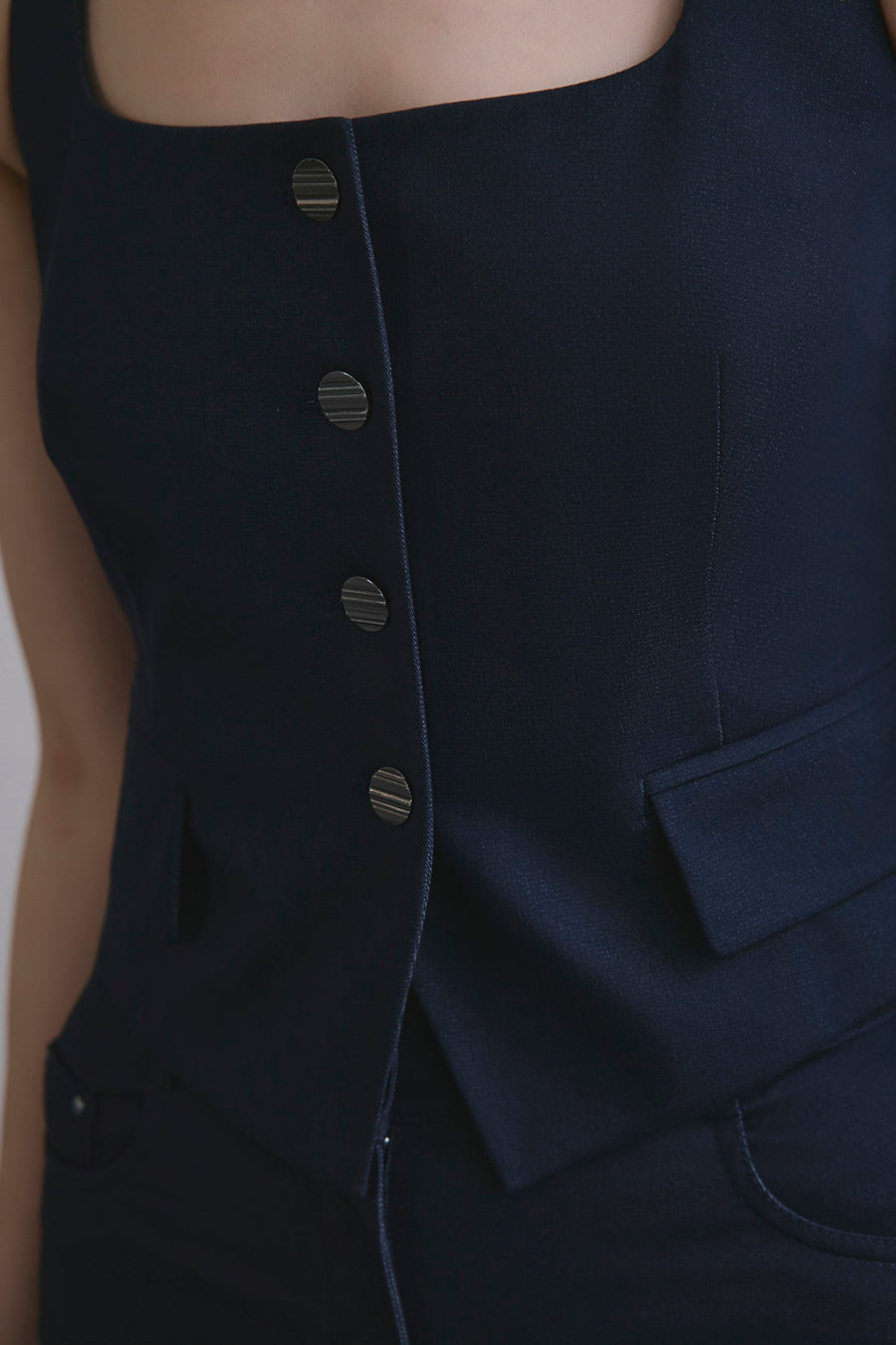 Navy Back Cut-out Denim Textured Crop  Bustier