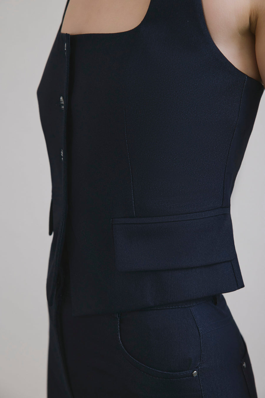 Navy Back Cut-out Denim Textured Crop  Bustier