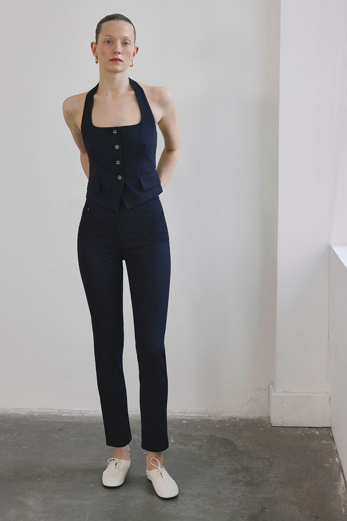 Navy Back Cut-out Denim Textured Crop  Bustier