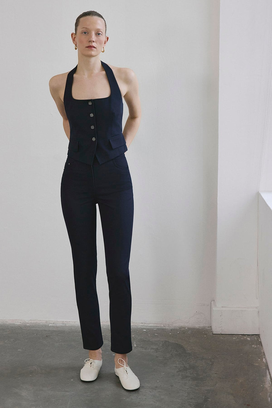 Navy Back Cut-out Denim Textured Crop  Bustier