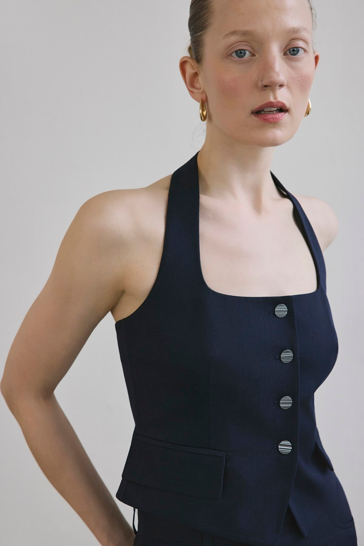 Navy Back Cut-out Denim Textured Crop  Bustier