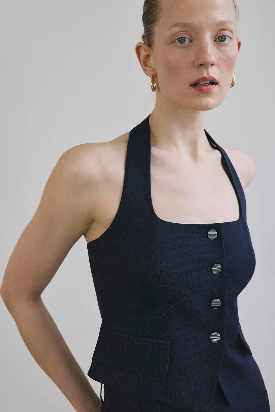 Navy Back Cut-out Denim Textured Crop  Bustier
