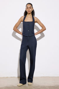 Navy Back Cut-out Denim Textured Crop  Bustier