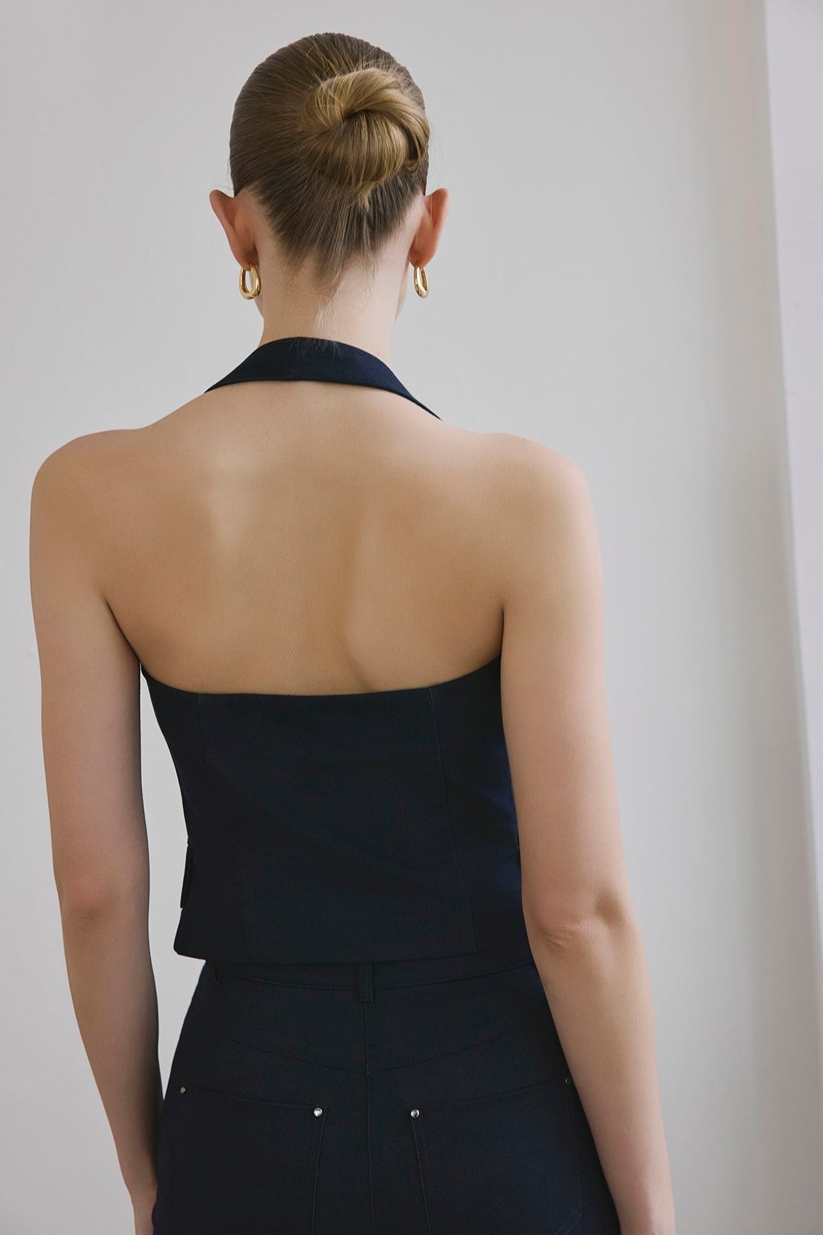 Navy Back Cut-out Denim Textured Crop  Bustier