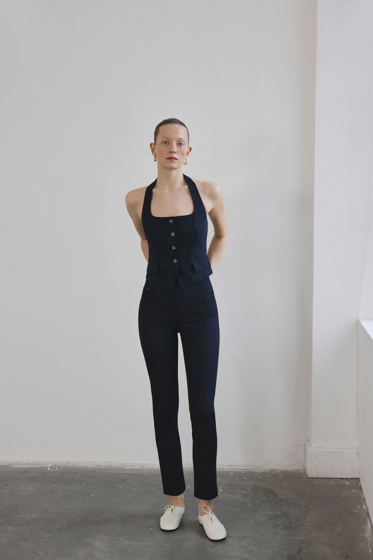 Navy Back Cut-out Denim Textured Crop  Bustier