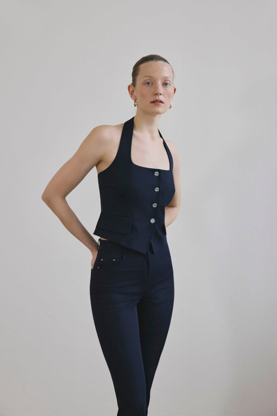 Navy Back Cut-out Denim Textured Crop  Bustier