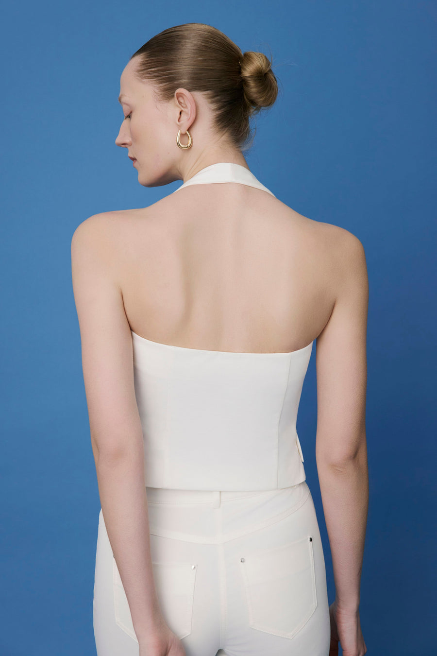 Ecru Back Cut-out Denim Textured Crop  Bustier