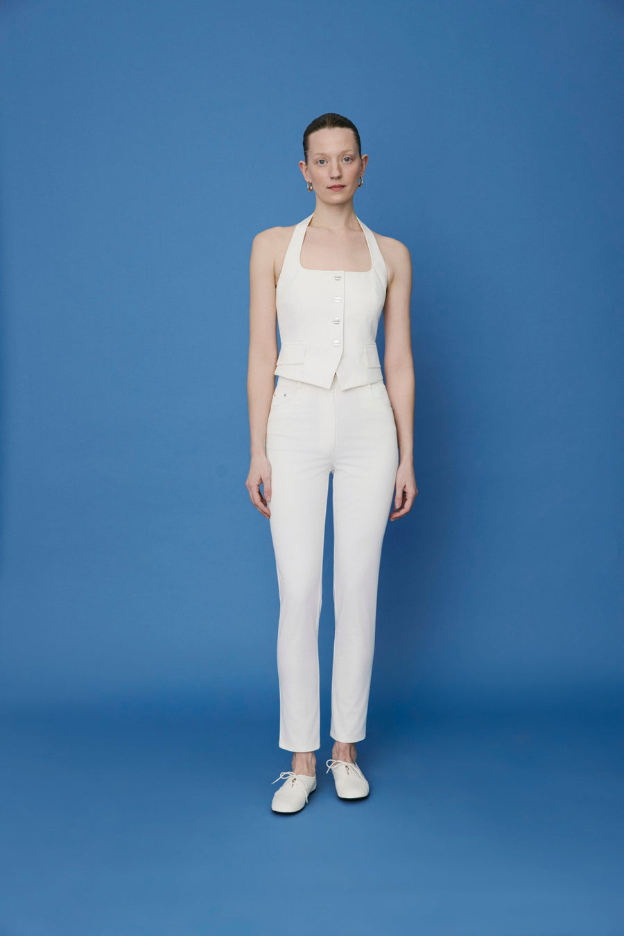 Ecru Back Cut-out Denim Textured Crop  Bustier